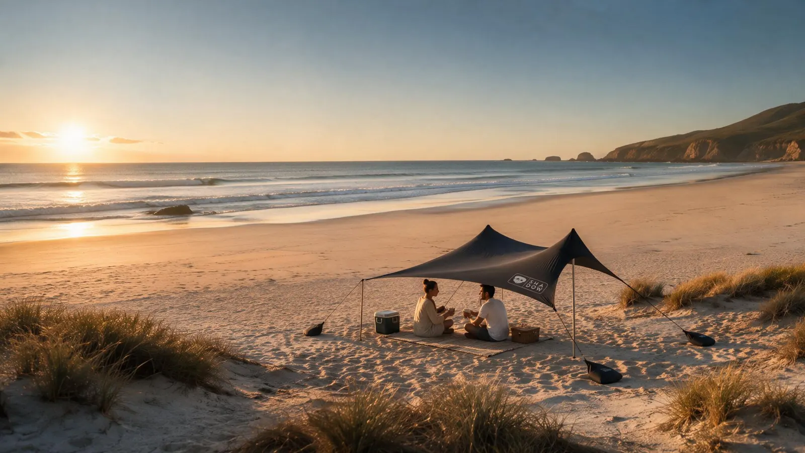 Carpa Shadow negra en una playa al atardecer con dos personas sentadas bajo la sombra.