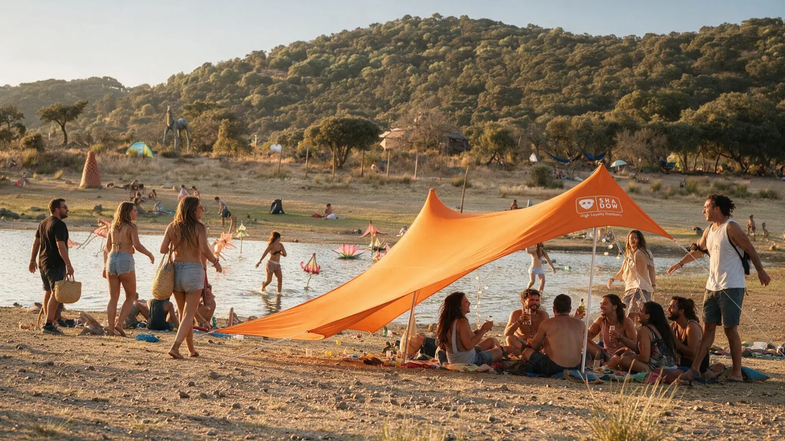 Carpa Shadow naranja con un grupo de amigos reunidos junto al agua.